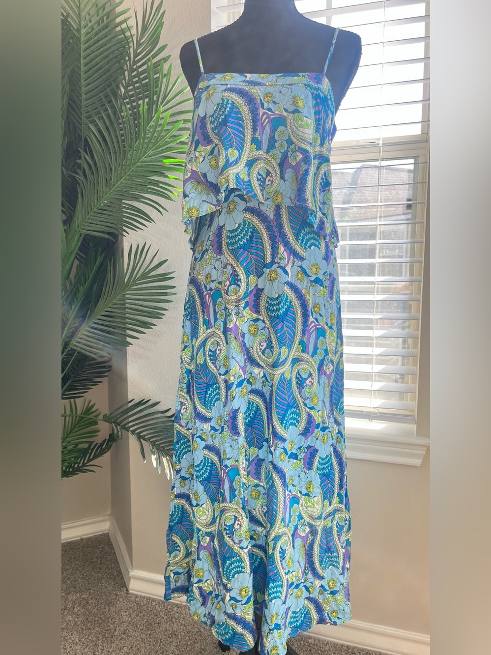 Blue Paisley Floral Maxi Dress with Spaghetti Straps